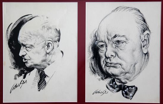 Arthur Sims Portraits of Eisenhower and Winston Churchill, each 13.5 x 10.5in.